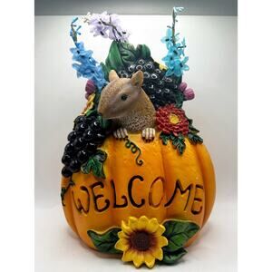 Adorable Fall Season LightUp “Welcome” Resin Pumpkin & Squirrel Home Decor Light
